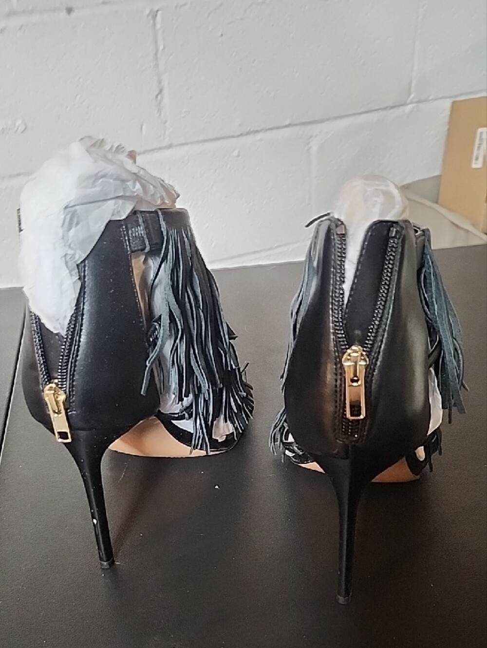 Black Fringe High Heel Sandals - Women's Designer Style - Picture 7 of 8